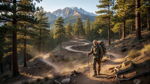 Hiker on a switchbacking mountain trail through pine forest with Pikes Peak's summit visible in the distance, Colorado