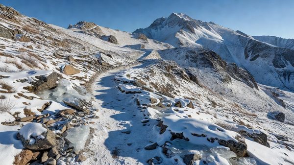 Rocky mountain trail above treeline covered in snow and patches of ice with a snow-covered peak under a clear blue sky