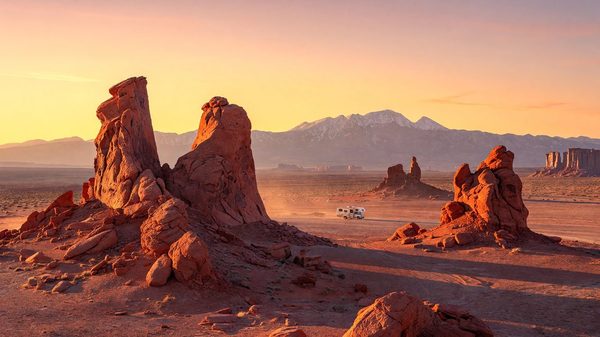 Red sandstone rock formations at sunset with distant campsites and Pikes Peak in the background near Colorado Springs, Colorado