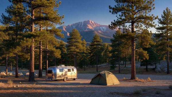 Tent and RV campsites in a pine forest campground near Manitou Springs, Colorado, with Pikes Peak in the background