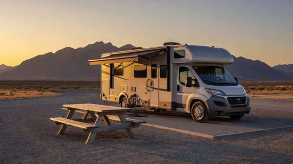 RV parked at a full-hookup campsite with mountain views near Pikes Peak, Colorado, at dusk